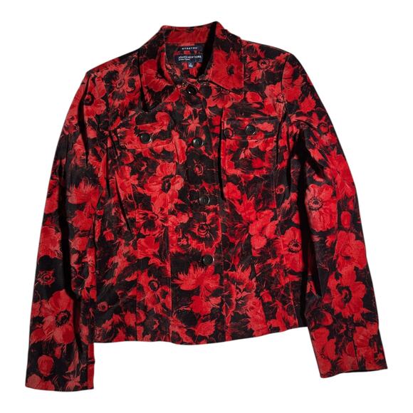 Vintage Tops - Vtg Y2K Jones New York Red Black Cotton Blend Velour Heavy Button Up Shirt Sz 6